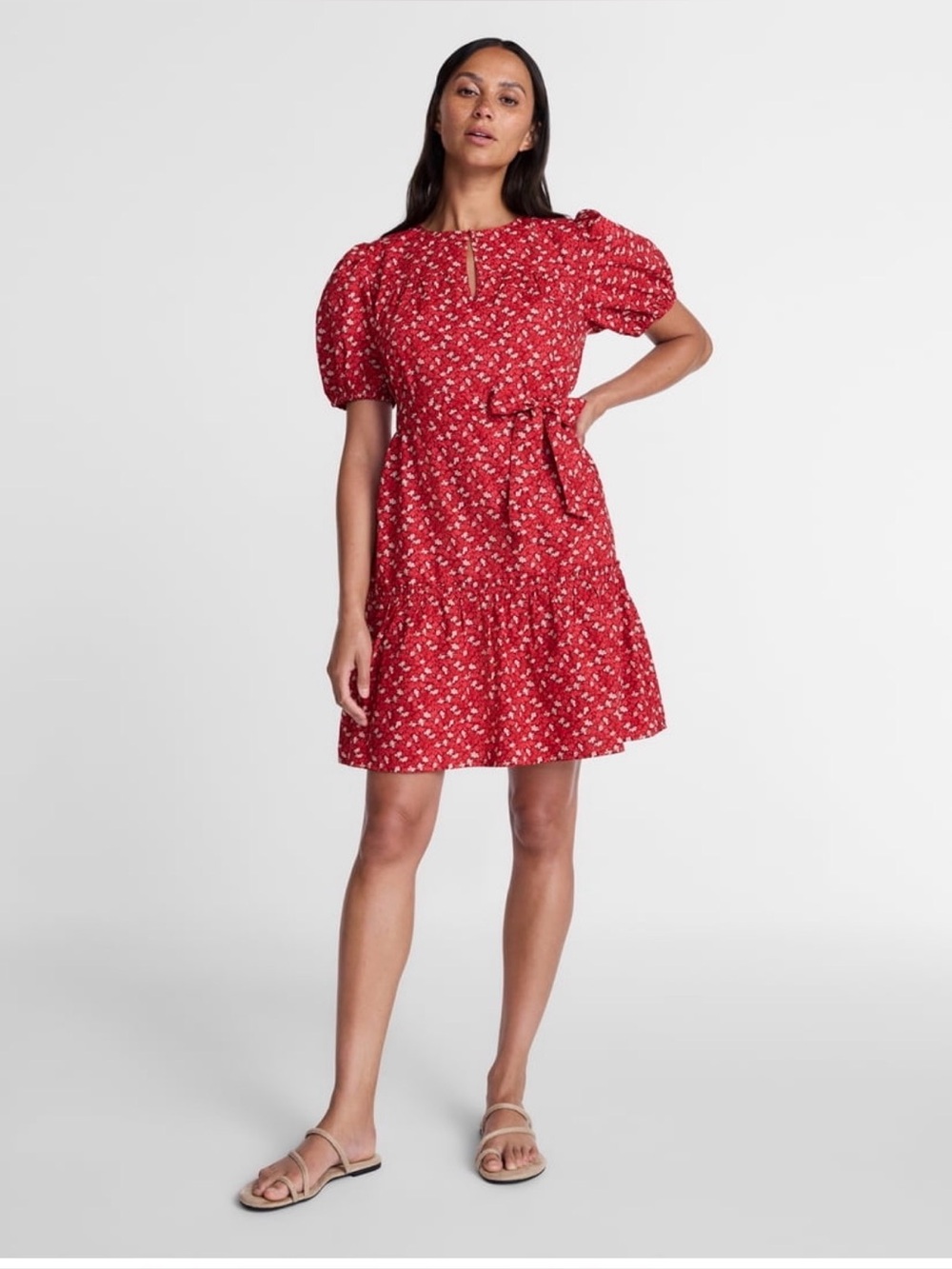 NWT cotton mini time and Tru Red Floral Puff-Sleeve Tie-Waist Dress XS